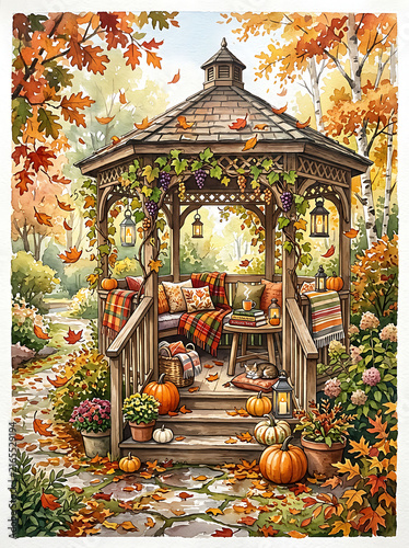 Enchanted Autumn Garden Gazebo With Pumpkins and Flowers