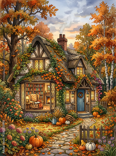 Charming Autumn Cottage in Forest With Pumpkins