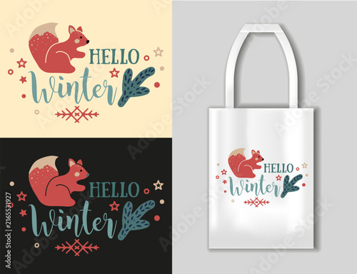 Hello Winter Cute Squirrel Seasonal Hand Lettering Illustration