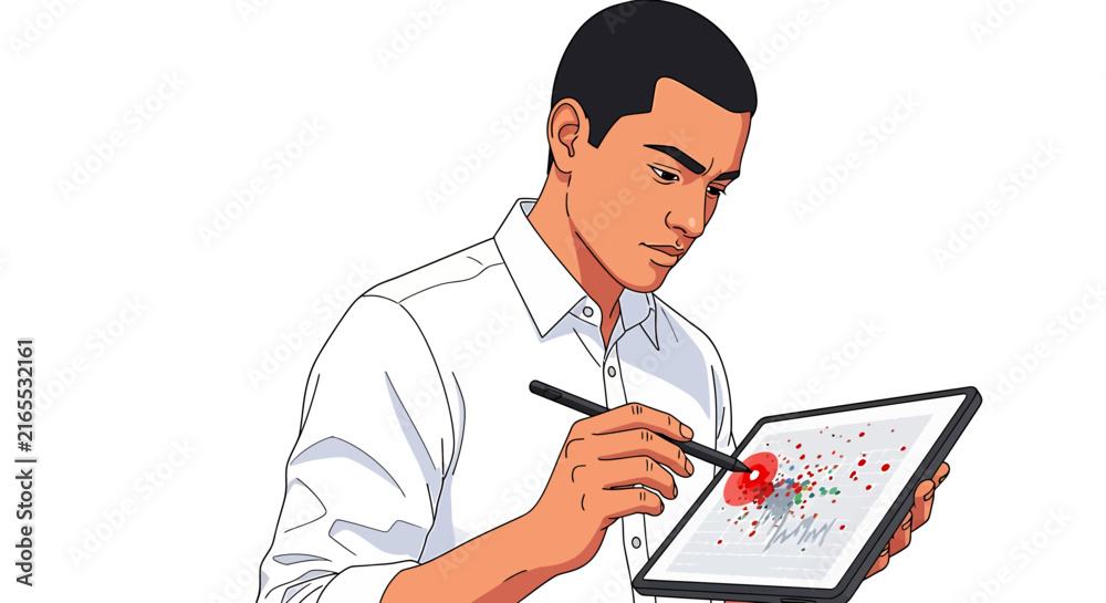 Foto Hispanic Risk Analyst Circling Anomalies on Scatter Plot