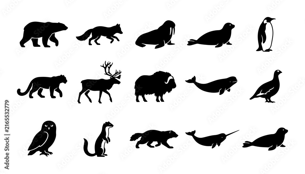 Fototapeta premium Arctic Wildlife Silhouettes: Polar Bear, Fox, Walrus, Seal, Penguin, Narwhal, Musk Ox