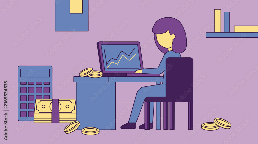 Fototapeta premium Person at desk with laptop showing graph, calculator, money stack, and coins, flat design illustration