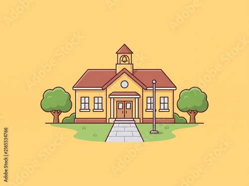 Flat design school building illustration with bell tower and green trees on yellow background