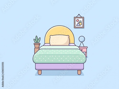 Cozy bedroom interior flat illustration with bed, lamp, and plant in pastel colors