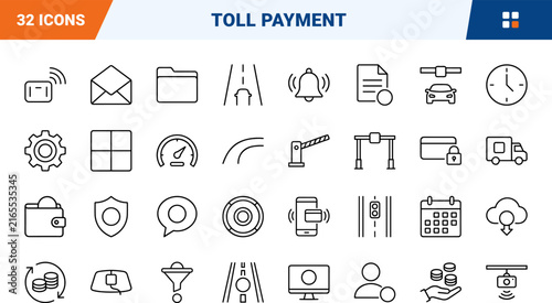 Toll Route Coins line icon set. Vector pictograms of payment, vehicle, gantry, and transponder elements, thin linear illustration.