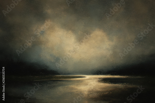 Atmospheric Moonlight over Still Lake, Oil Painting with Dark Clouds.