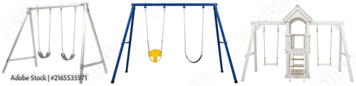 Фотография A set of three swing sets in different styles and colors, including metal, blue steel, and white wood designs