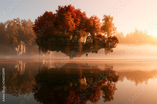 Floating Island With Autumn Trees On An Exposed Rock Cliff