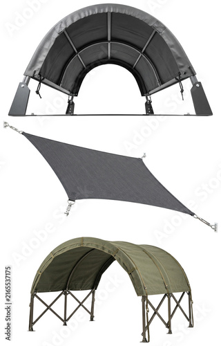 Принти на полотні A set of durable arched canopies and a triangular shade sail in dark neutral tones with sturdy support frames and tension hardware
