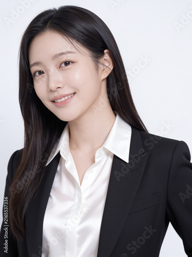 Beautiful young East Asian businesswoman in a black suit looking away with a gentle confident smile in a studio