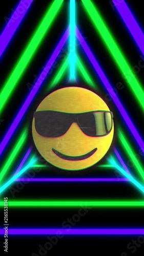 Smiley face with sunglasses animation over neon green and blue triangular lines