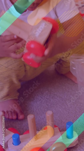 Playing with colorful wooden toys, child over geometric shapes animation