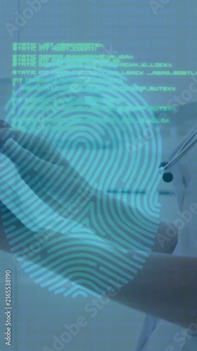 Fingerprint and data processing animation over medical professional using tablet