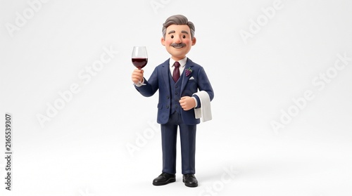 Smiling Cartoon Man in Suit Holding Wine Glass and Napkin