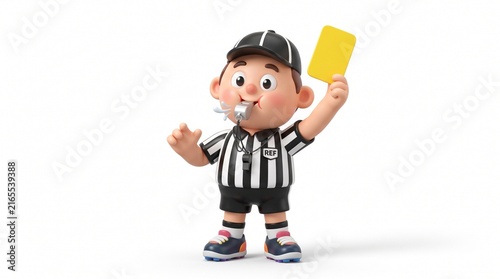 Cute cartoon soccer referee blowing whistle and holding yellow card with white background