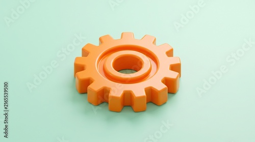 A single bright orange gear wheel isolated on a soft pastel blue green background, representing industry and mechanics