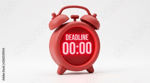 Red Alarm Clock Showing Zero Hour Deadline With Glowing Red Numbers Against White Background