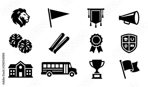 School Spirit Icons: Lion, Pennants, Megaphone, Pom-Poms, Bus, Trophy, School Building, Flags, Ribbons, Shields, Vector Graphics for Education and Sports