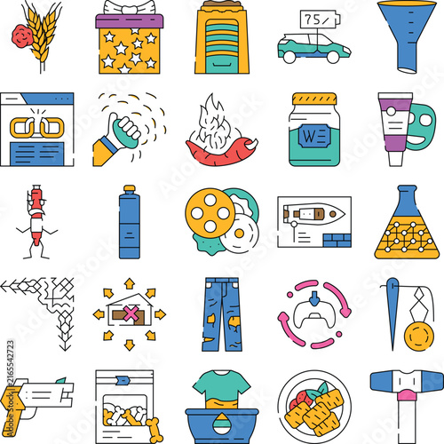 Diverse collection of linear icons featuring various objects, activities, and abstract concepts, suitable for modern graphic design and digital applications