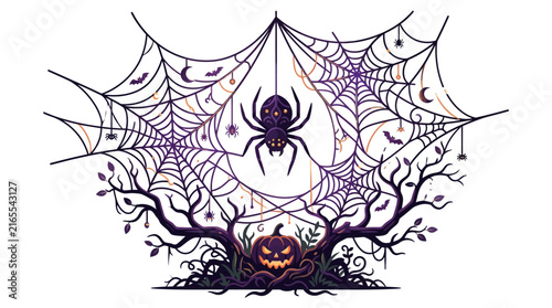 Spider web illustration features a large black spider hanging in the center above an evil glowing pumpkin and creepy bare tree branches on a white background.