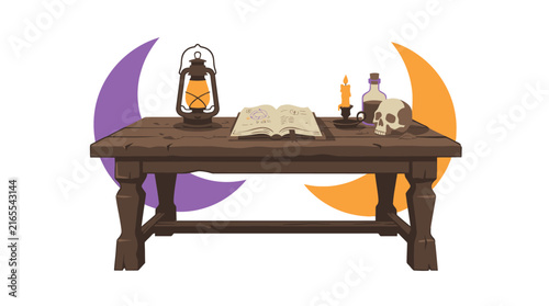 Wooden table holds an open spellbook, lighted lantern, skull, and potion bottle.