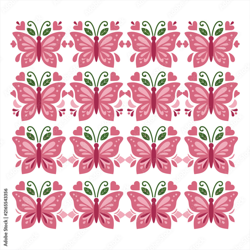 Fototapeta premium Pink Butterfly Seamless Pattern with Hearts and Flowers Spring Romance Textile and Fabric Decorative Vector Background