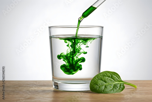 Green liquid chlorophyll extract pouring from a glass dropper into a glass of pure water with a fresh spinach leaf. antioxidant superfood juice, healthy drink for detox.