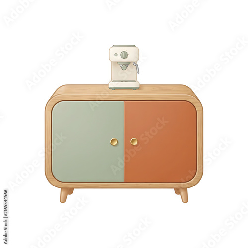 Retro Wooden Sideboard Cabinet with Espresso Coffee Machine Isolated on White Background