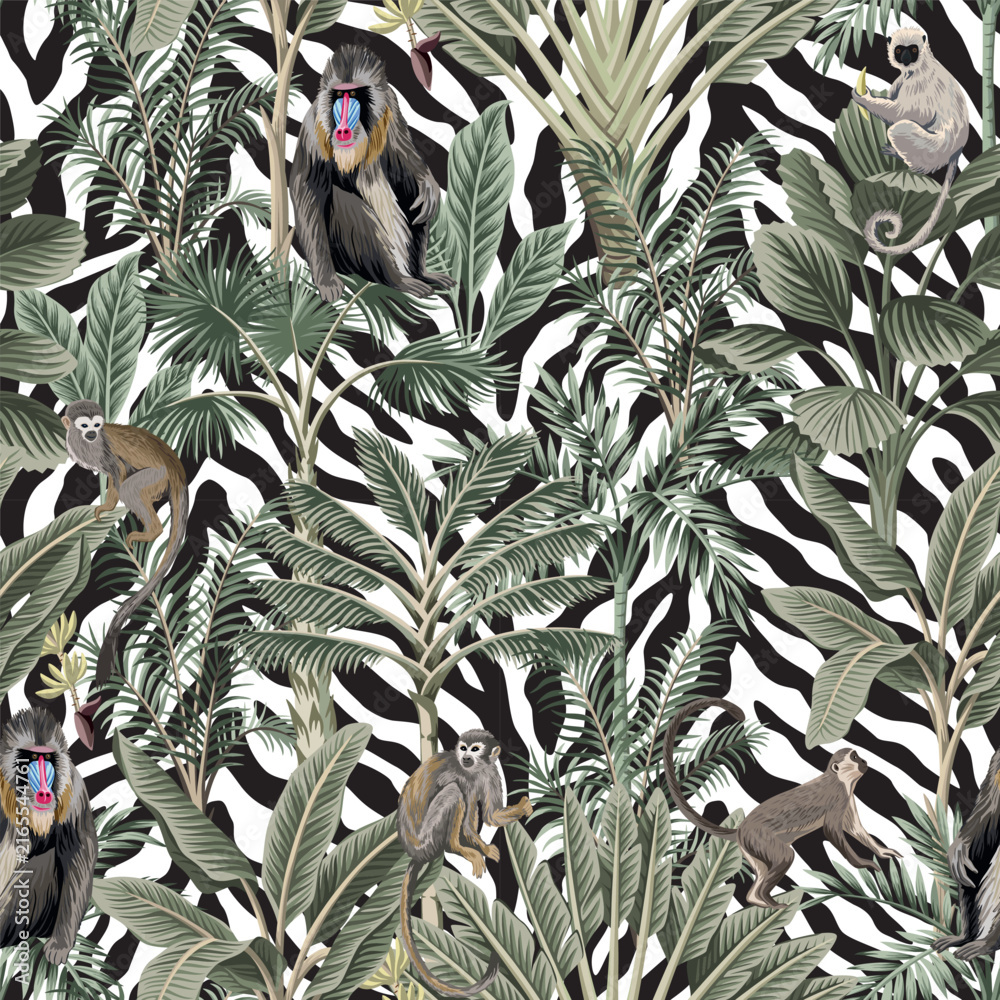 Naklejka premium Tropical vintage monkey, lemur animal, palm trees floral seamless pattern zebra background. Exotic jungle wallpaper.