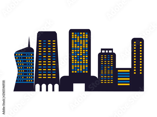 Vibrant City Night Skyline Vector Illustration with Modern Urban Buildings and Glowing Lights Against a Dark Evening Sky