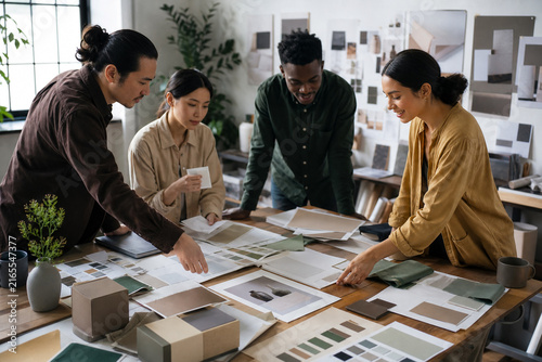 Creative Marketing Team Collaborating on Campaign Concepts Color Samples and Product Mockups during a Contemporary Design Studio Workshop