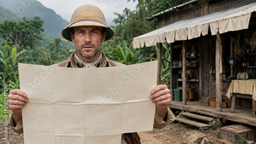 Man in pith helmet safari inside an open safari vehicle side view with gentle diffused light clear