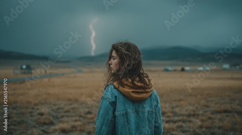 Woman in a denim jacket standing in a field with a lightning in the background