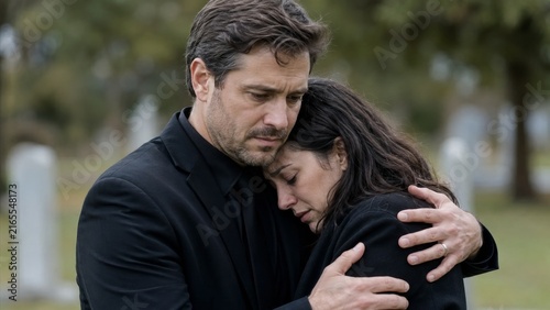 Mourner embrace hug outside a quiet memorial gathering close view with soft daylight clear sharp