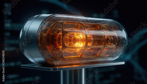 Colossally sized advanced pill with complex design glows amber within transparent capsule, displayed on metal pedestal against dark futuristic background