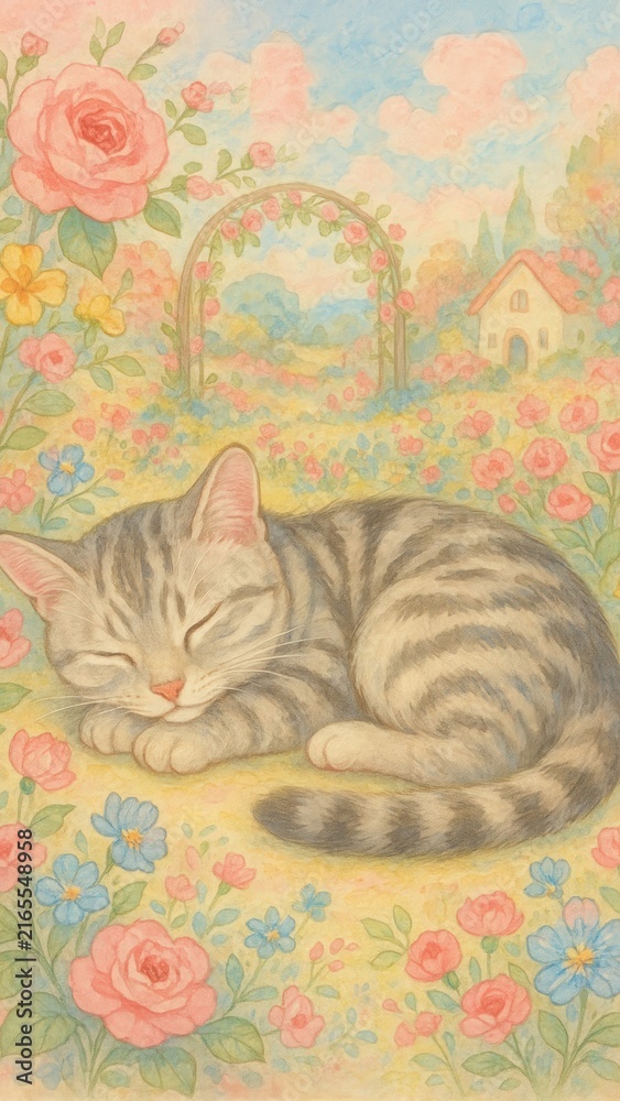 Naklejka premium Dreamy kitten in floral paradise