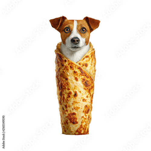A small brown and white dog wrapped in a tortilla, on a transparent background.