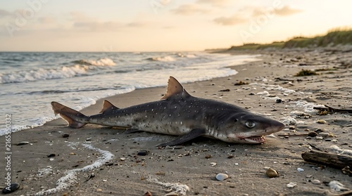 Spiny dogfish shark washed ashore on a sandy beach at sunset