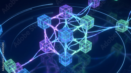 Cubes connected by glowing light trails represent a digital network or blockchain structure.
