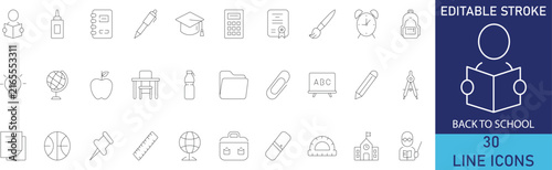 Back to school and student education classroom supplies line icon set. Vector symbols for school backpack bag, pencil case, book ruler, blackboard, apple teacher desk, and graduation cap.