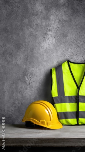 A bright yellow construction helmet sits next to a neon safety vest against a textured gray background
