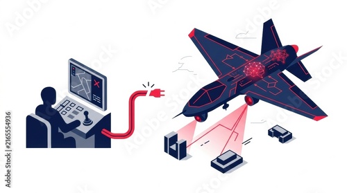 A person operates a control system connected to an autonomous aircraft using AI technology. This system engages potential targets in action.