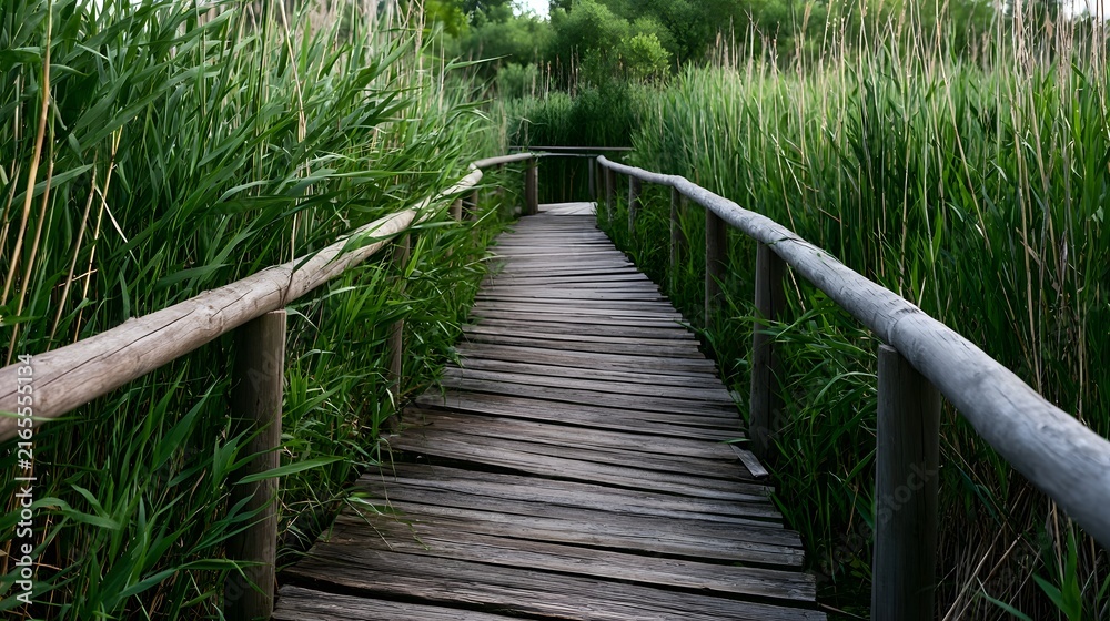 Obraz premium A weathered wooden boardwalk winds through tall green reeds in a serene wetland environment under soft natural lighting