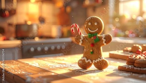 Festive Gingerbread Cookie Holding a Candy Cane on a Sunlit Kitchen Table, Celebrating the Christmas Season