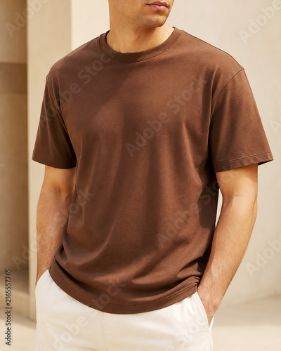 Chocolate Brown Plain T-Shirt on Male Model in Minimalist Setting, Generative AI