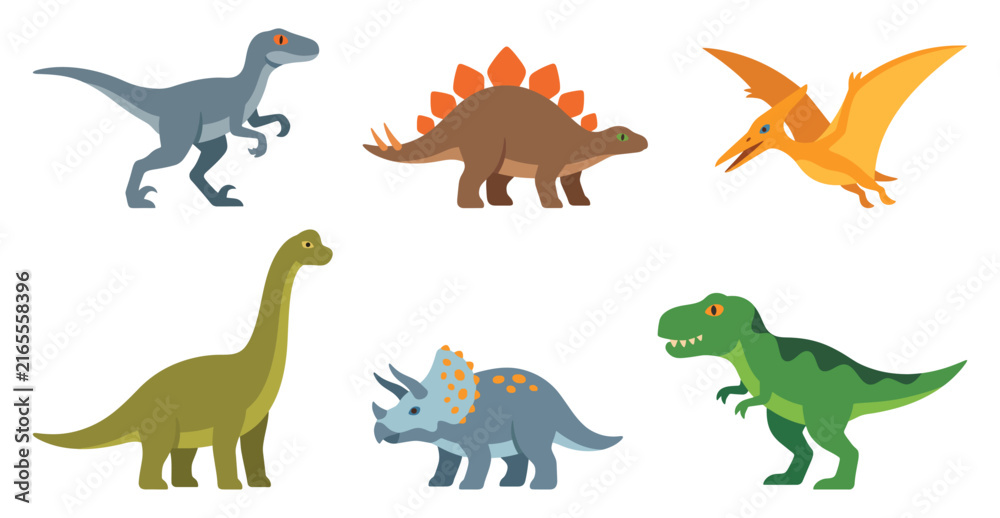 Obraz premium Dinosaur species cartoon character set featuring prehistoric wild reptiles and animals | Flat vector illustration graphic