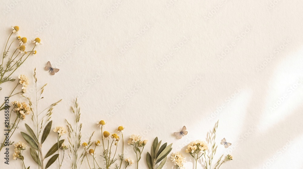 Obraz premium Minimalist floral background with dried wildflowers, elegant botanical frame on beige textured paper, delicate spring banner with copy space