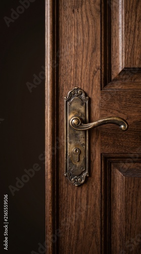 Vintage brass door handle with ornate backplate on dark wooden interior door
