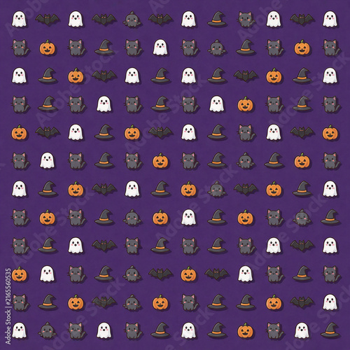Cute Halloween seamless pattern with ghost cat pumpkin and bat icons