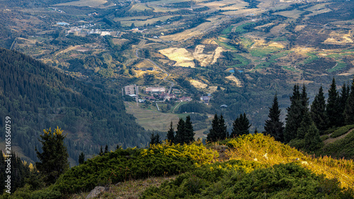 Landscape KZ, mountain, trees, green, stones, peak, blue,, clubs, forester 